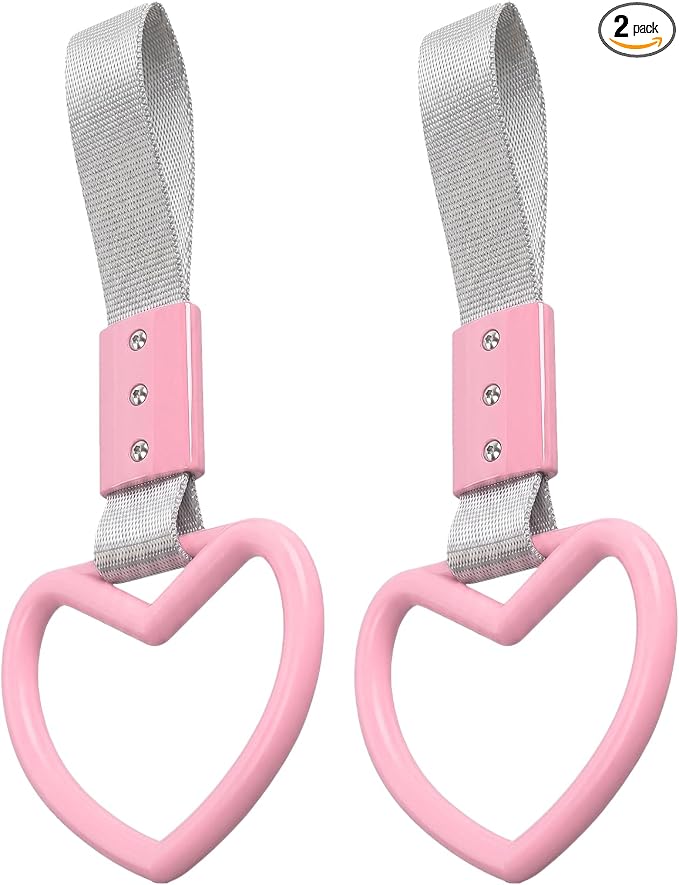 2PCS Heart Shaped Car Handle Straps, Rear Bumper Warning Keychain Ring for Car Exterior Accessories (Pink-Silver)