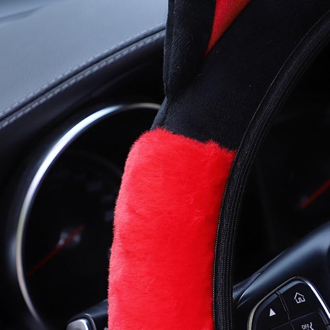 Car Steering Wheel Cover, Fluffy Soft Plush for Winter Warm, Cute Steering Wheel Protector with Kitty Cat Ears, Universal 15 Inch, Elastic & Anti-Slip, Lovely Decor Car Accessories (Black/Red)