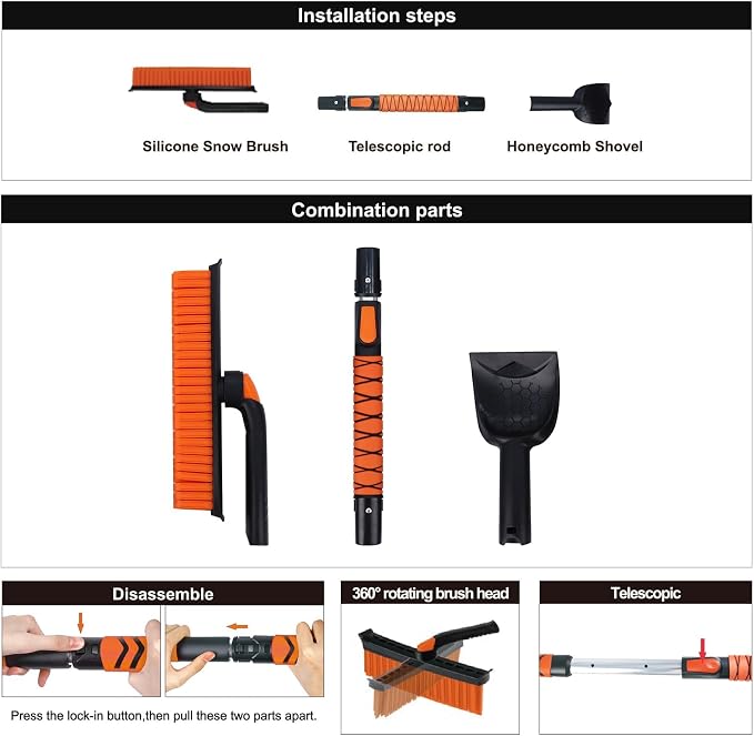3 in 1 Silicone Snow Brush with Ice Scrapers, 39.37" Extendable Window Ice Removal with Squeegee for Windshield, 360° Pivoting Brush Head Cleaner Tool for Car, Truck, SUV