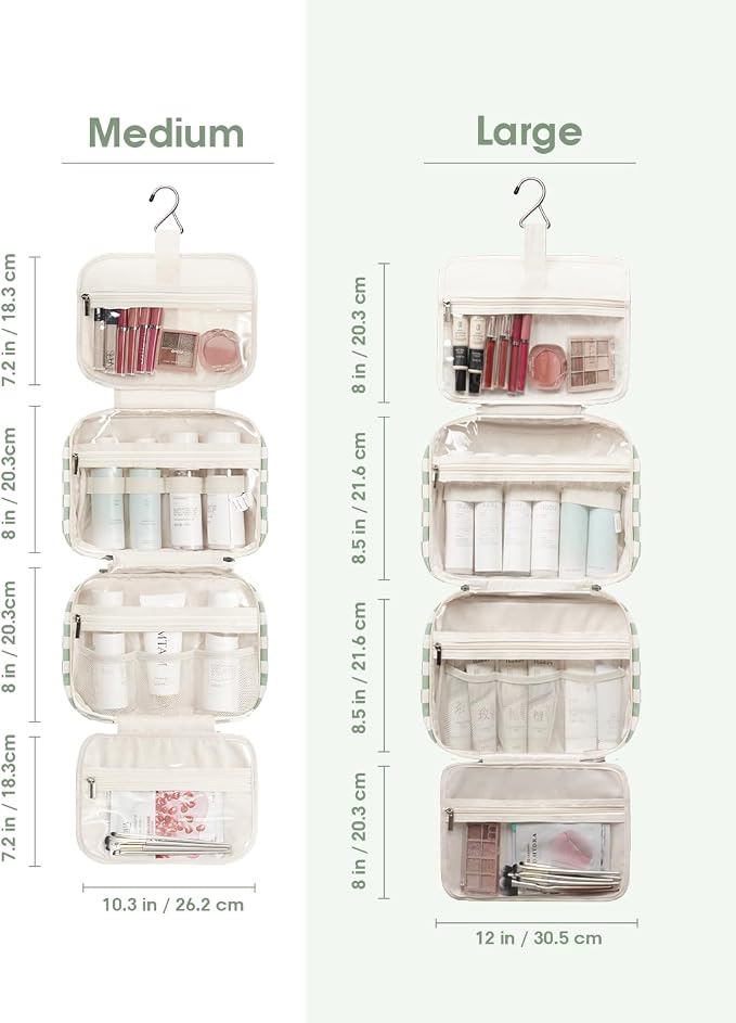 Travel Toiletry Bag for Women Large Capacity, Hanging Makeup Bag Organizer Toiletries Bag for Full Size Essentials, Accessories, Brushes, Cosmetics (Mint Green Checkerboard (Large))