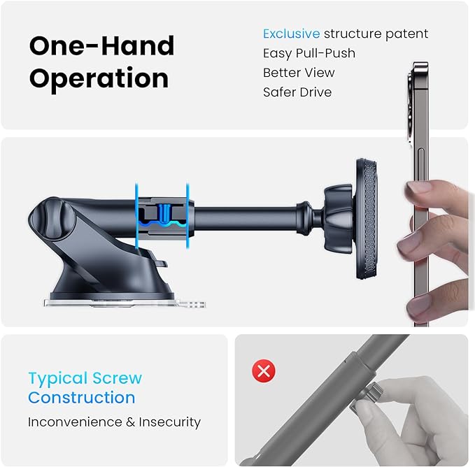 Magnetic Phone Mount for Car, Dashboard & Windshield Suction Cup Holder with Telescopic Arm, Requires Metal Plate for Proper Use, Fit for Android Smartphones(NOT for MagSafe)