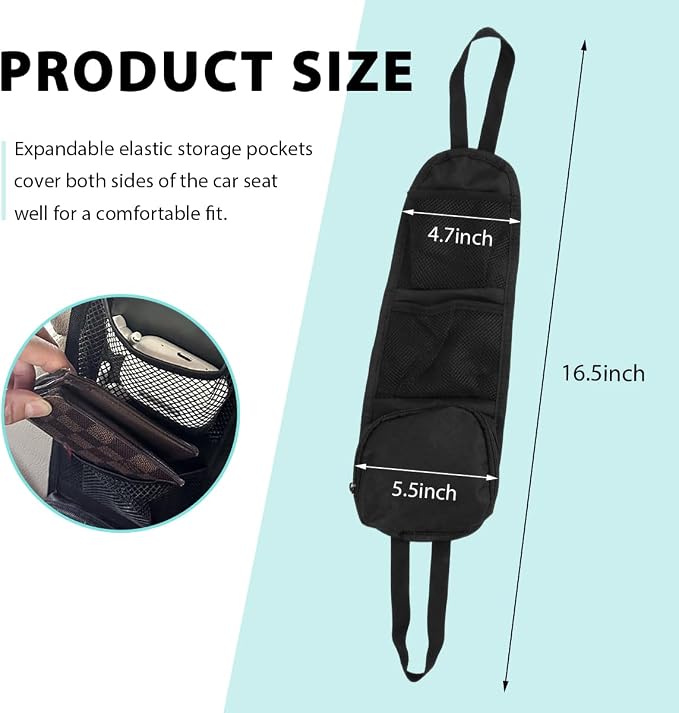 Car Seat Side Organizer, Front Seat Side Hanging Bag with Mesh Net Pockets, Multi-Pocket Vehicle Stuff Holder for Mobile Phone Wallet Drink, Universal Car Accessories