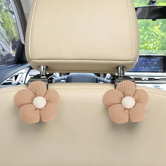 2PCS Car Seat Headrest Hook, Cute Flower Vehicle Backseat Purse Handbag Storage Hanger, Floral Auto Seat Back Holder Hook for Coat Umbrella Grocery, Universal for Vehicles (Brown)