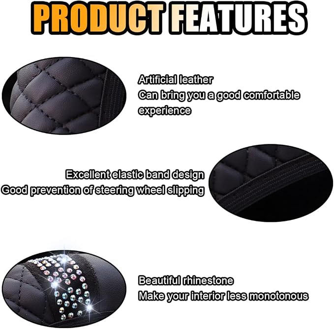 15 Inch Bling Soft Leather Car Steering Wheel Cover, Black | Colorful Rhinestones Design, Auto Elastic Protector for Women Girls, Crystal Diamond Car Accessories for Most Cars, SUVs