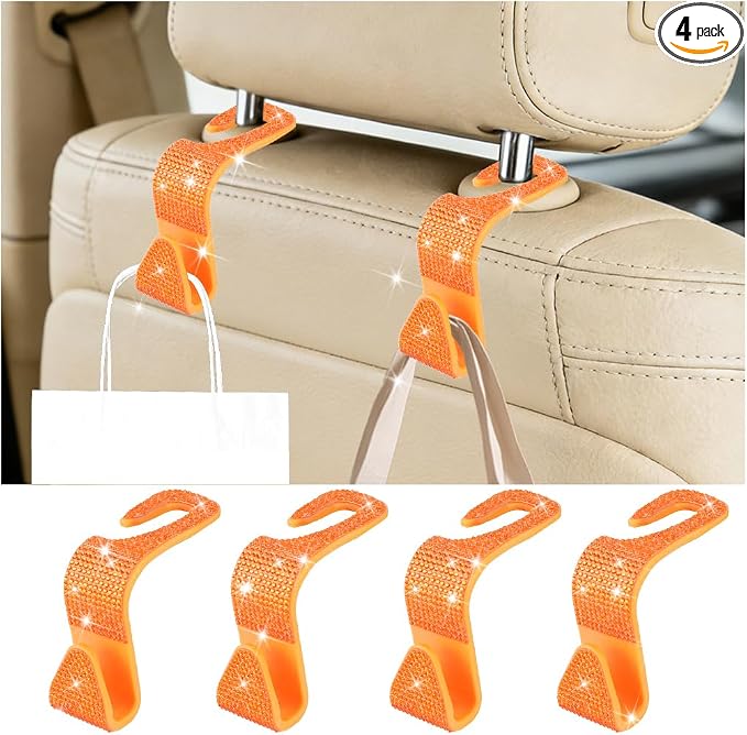 4PCS Bling Car Seat Headrest Hook, Crystal Rhinestone Backseat Hanger Organizer for Purse Handbag Umbrella, Shiny Auto Interior Seat Back Storage Holder Hook, Universal Fit (Orange)
