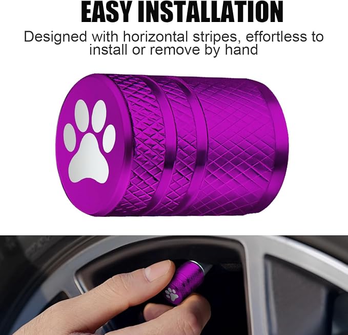 Tire Valve Stem Caps - (4 Pack) Cat Paw Print Metal Air Caps with Plastic Liner, Durable, Corrosion Resistant and Leak-Proof, Universal Fit for Cars, Trucks, Motorcycles, and Bikes - Purple
