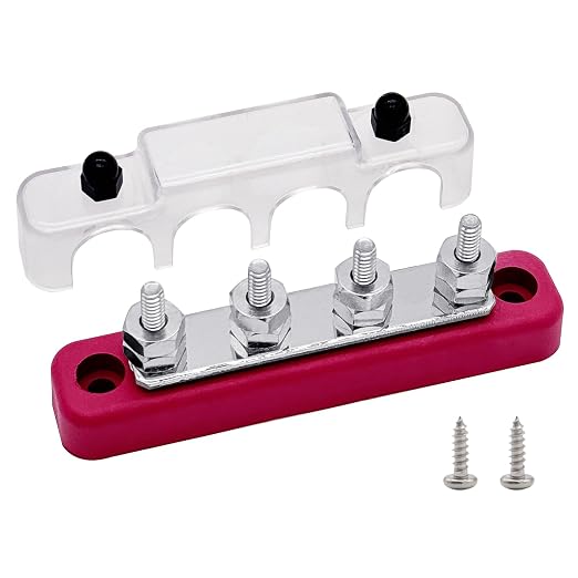 4 x #10 (M5) Studs Bus Bar, 4.2" Power Distribution Block Brass Battery BusBar Junction with Cover for Auto Boat Amplifier and More (Red)