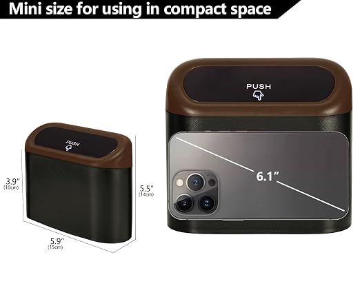 2 Pack Mini Car Trash Can with Lid, Small Car Garbage Can, Cute Leakproof ABS Car Trash Bin, Car Accessories for Interior, Garbage Bin for Car, Home, Office with 120pcs Trash Bags Black/Brown