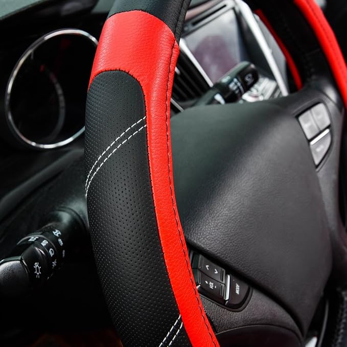 Line Rider Microfiber Leather Sporty Steering Wheel Cover Universal Fits for 95% Truck,SUV,Cars,14.5-15inch Anti-Slip Safety Comfortable Desgin (Black-Red)