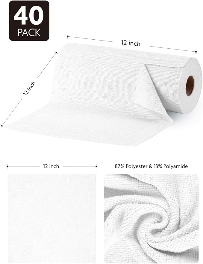 Microfiber Cleaning Cloth Roll -40 Pack, Tear Away Microfiber Towels, 12" x 12", Reusable, Washable, Scratch Free, Ultra Absorbent Dishcloth for All-Around Cleaning Supplies (White)