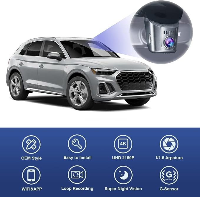 4K Dash Cam Adapts for Audi 2019-2026 A4 A6 Allroad A3 A5 Q5 S4 S6 Q7 A8 Q8 S8 TT A7 S5 Q3 e-tron (Model A), OEM Look, Loop Recording, 2160P UHD Video, WiFi & APP, Parking Mode, 64GB Card