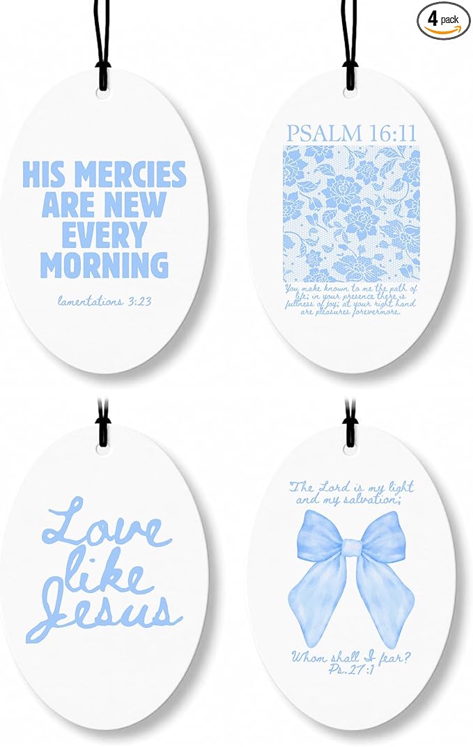 Blue Christian Car Air Freshener 8 Pcs, Coquette Blue Bow Floral Religious Hanging Air Freshener Oval for Girls Dorm Bedroom Apartment, Girly Christian Car Accessories Mirror Decor for Women