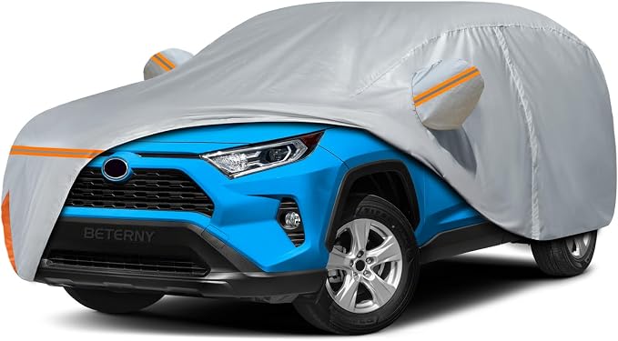 Car Cover for 2005-2026 Toyota RAV4, Waterproof Custom-fit All Weather Sun Rain UV Dust Snow Protection Windproof Outdoor RAV4 SUV Car Cover with Door Zipper and Cotton Lining-Gray