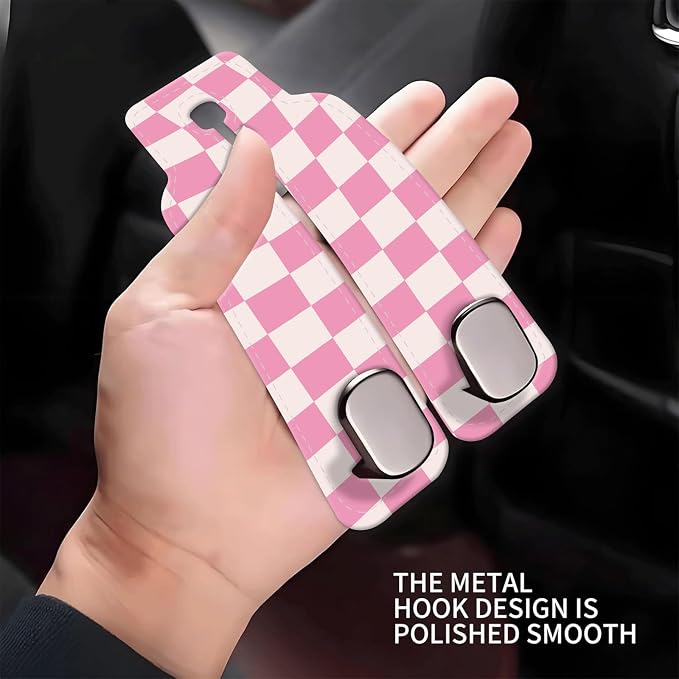 Car Seat Headrest Hook, Universal Leather Cute Hanger Holder Hook, Storage Organizer Interior Accessories for Purse Bags Handbag Cute Pink Checkerboard