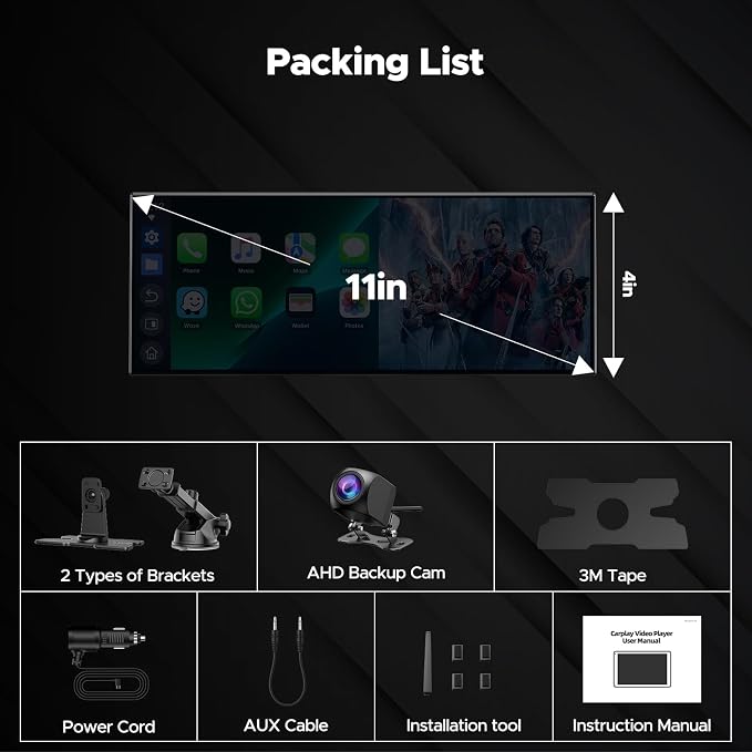 11'' Wireless Carplay Screen for Car Built-in Net-Flix YouTube Apps, Portable Touchscreen Car Stereo with Android Auto, Backup Camera, OTA Updates, Bluetooth, Voice Control, GPS Navigation,FM