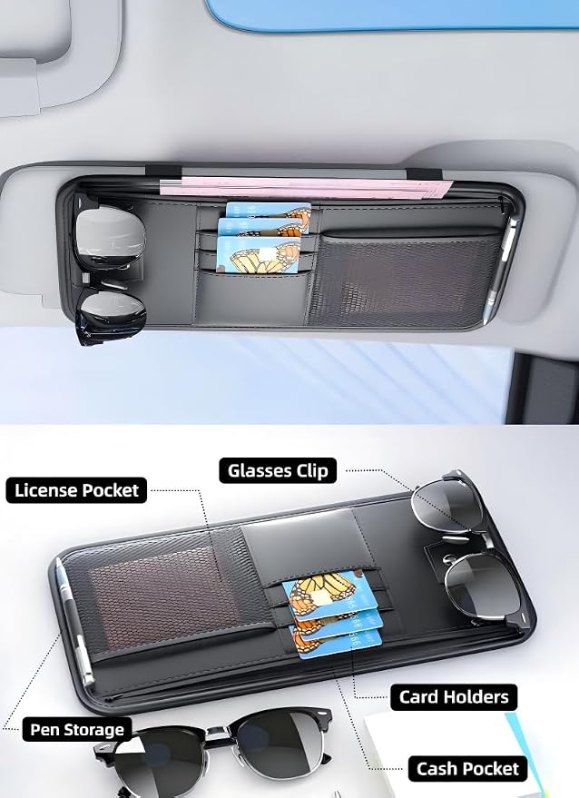 Car Sun Visor Organizer, Universal Fit for Most Cars & SUVs, Nappa Leather Visor Pocket Holder with 6 Pockets for Sunglasses, Phone, Cards, Easy Installation No Tools