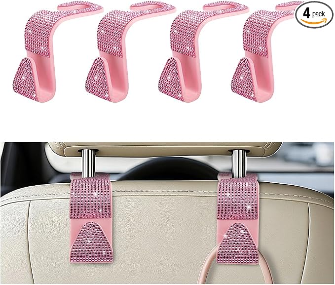 4PCS Bling Car Seat Headrest Hooks, Crystal Rhinestone Vehicle Back Seat Hanger Holder, Auto Interior Headrest Hanging Storage Organizer for Purse Handbag Coat, Universal Fit (Pink)