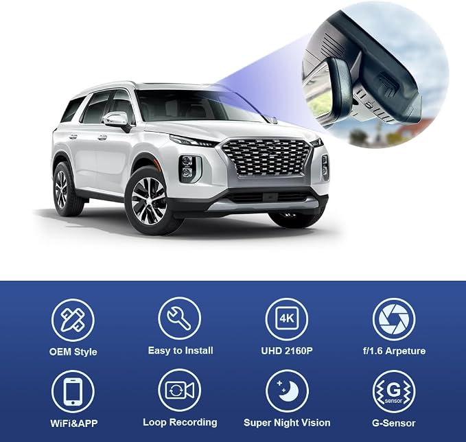 4K Dash Cam Suitable for Hyundai Palisade 2020 2021 2022 (Part No#S8000) Limited SE SEL Calligraphy, OEM Look, UHD 2160P Video, Loop Recording, WiFi & APP, G-Sensor, Easy to Set, 64GB Card