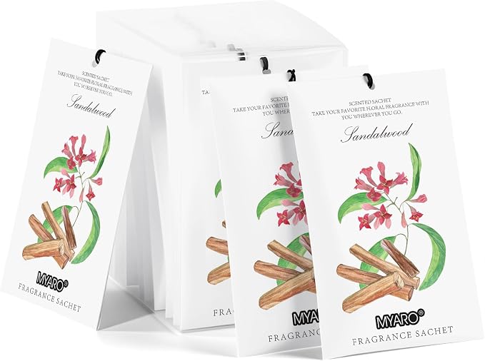 12 Pack Sandalwood Scented Sachets for Drawer, Closet & Small Spaces Air Freshener Bags, Odor Eliminator for Clothes, Car, Wardrobe, Home Fragrance Gift Set