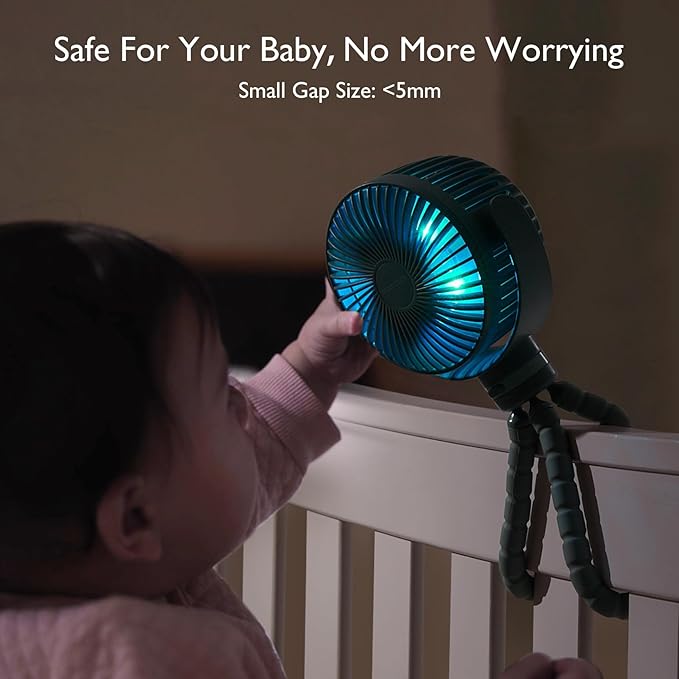 8000mAh Portable Stroller Fan, 27H Ultra-long Battery Life Detachable 4 Speed 360°Rotate LED Night Light with 2 Modes, USB Rechargeable Handheld Cooling Fan for Travel/Car Seat/Bedroom