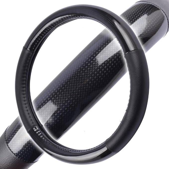 Carbon Fiber Steering Wheel Cover White Vinyl with Fiber Accent - Black Carbon, 14.5-15 inch