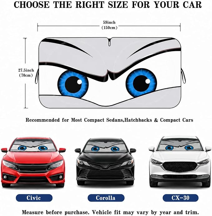 Car Windshield Sun Shade, Universal Fit Compact Sedan SUV, Cool Gray | 59 x 27.5" Car Sun Visor, Foldable Front Window Sunshade, UV Heat Protection, Cute Eyes Series
