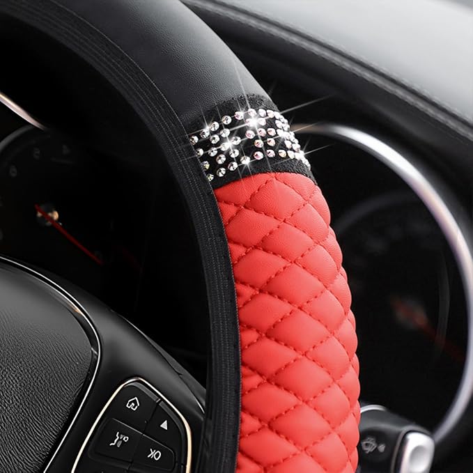 Bling Car Steering Wheel Cover, 15 Inch Rhinestones Soft Leather Elastic Steering Wheel Protector, Sparkly Crystal Diamond for Women Girls, Car Interior Accessories for Most Cars (Red)