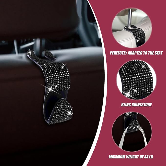 2 Pack Car Hooks, Bling Rhinestones Crystal Hooks, Auto Seat Back Organizers, Car Decorations Backseat Hanger, Car Seat Hooks Perfect for Holding Handbags, Clothes, Purses and Water Bottles