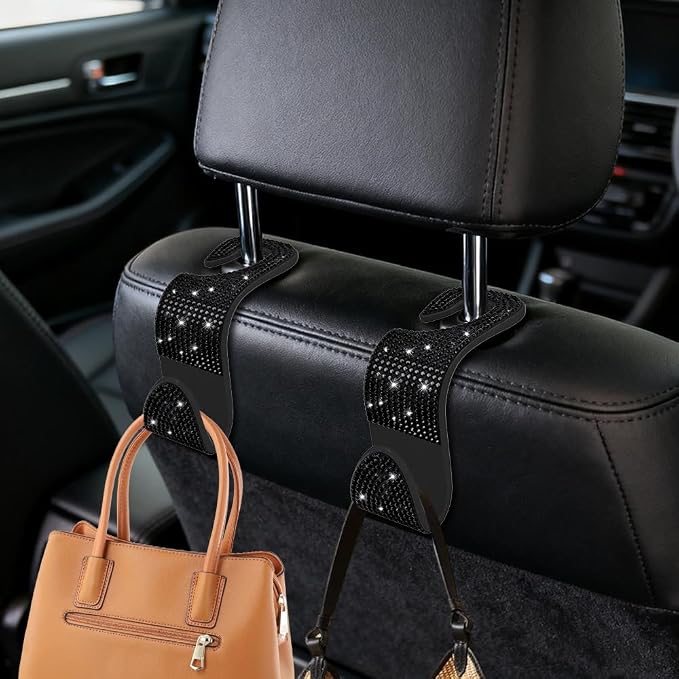 4PCS Bling Car Seat Headrest Hooks, Purse Holder for Car, Vehicle Back Seat Purse Handbag Hanging Holder with Crystal Rhinestone, Diamond Car Rear Seat Organizer for Vehicles (Black)