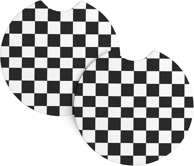 Racing Flag Steering Wheel Cover - 15 Inch Black White Checkered Steering Wheel Cover Anti-Slip Universal Checkered 2 Pcs Car Interior Cup Holder Pad for Men Women