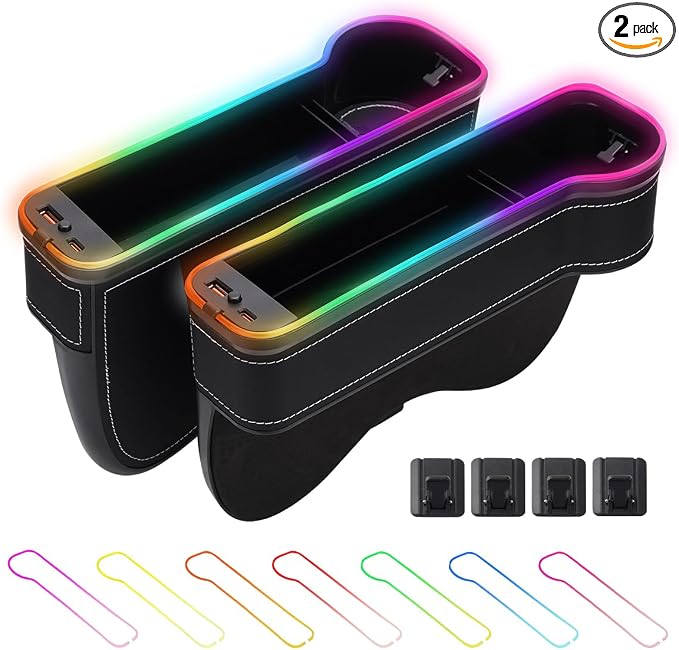 LED Car Seat Gap Filler Organizer Console Side Storage Box Between Seats with Cup Holders RGB Color Changing Storage Front Seat Gap Filler with USB Charging Car Interior Accessories (2 Pack)