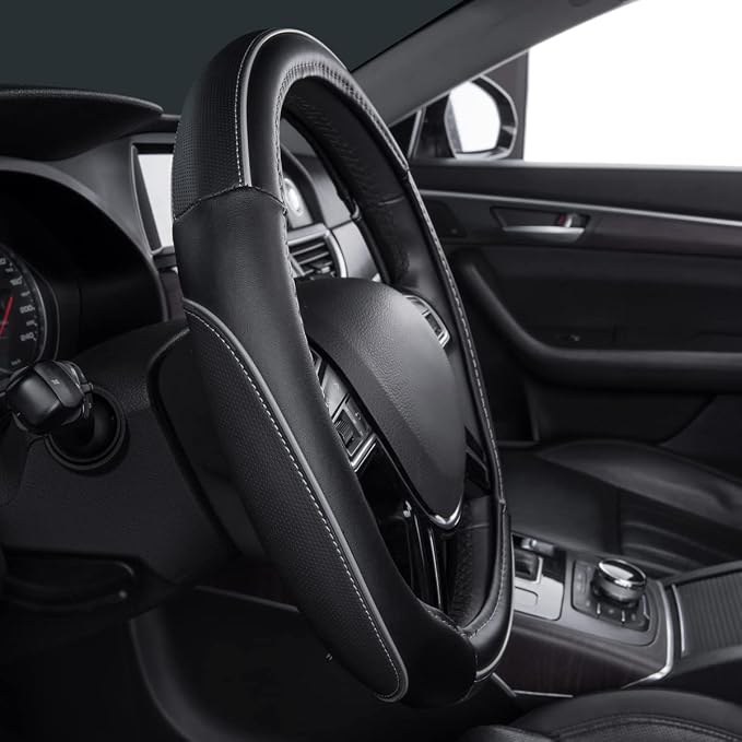 Color Piping Microfiber Leather Universal Fit Steering Wheel Cover,Perfectly fit for 14.5-15 inches Suvs,Vans,Trucks,Sedans,Cars,Automotive(Black & Gray or Grey)