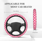 Hot Pink Checkered Steering Wheel Cover for Women, Universal Auto Steering Wheel 14-15 Inch Car Interior Accessories with 2PCS Car Coasters, Suitable for Men and Women