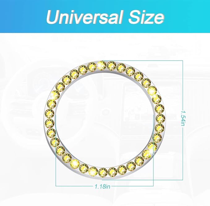 Bling Car Engine Start Ring Decals, 2PCS Crystal Rhinestone Vehicle Push Start Button Cover Sticker, Key Ignition Knob Ring, Sparkling Automotive Interior Accessories (Set Yellow)
