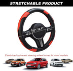 Car Steering Wheel Cover, 15 Inch Carbon Fiber Leather Stitching Color Steering Wheel Protector, Anti-Slip Elastic Breathable Steering Wheel Cover Stylish Decor for Most Cars (Black&Red)