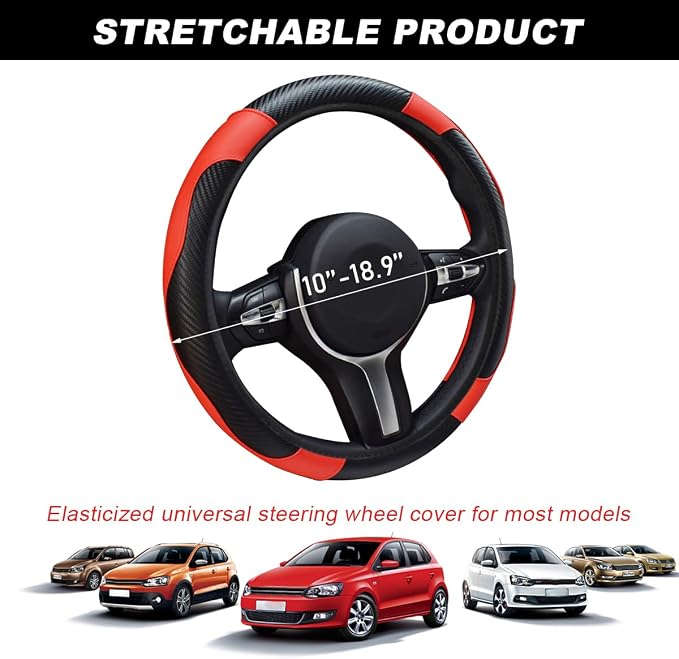 Car Steering Wheel Cover, 15 Inch Carbon Fiber Leather Stitching Color Steering Wheel Protector, Anti-Slip Elastic Breathable Steering Wheel Cover Stylish Decor for Most Cars (Black&Red)