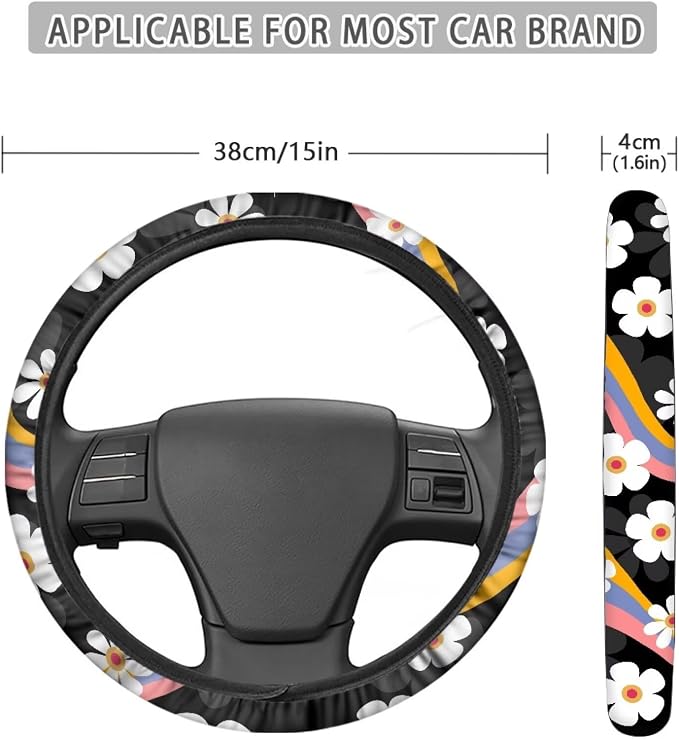 Groovy Hippie Flower Pattern Sweat Absorption Steering Wheel Cover with Anti-Slip Lining for Car Truck SUV Van Universal Car Wheel Cover Polyester Cover Car Decoration