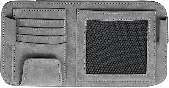 Car Sun Visor Organizer, Multi-Pocket Vehicle Sun Visor Storage Pouch with Sunglasses Clip, Auto Interior Sunshade Eyeglasses Card Holder Organizers, Universal for SUV Sedan Truck (Gray)
