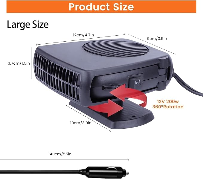 Car Heater,200W Portable Fast Heating Auto Car Heater Defroster Windshield Defogger Automobile Windscreen Heater Plug in Cigarette Lighter 360 Degree Rotary