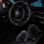 3Pcs Set Fashion Fluffy Fuzzy Wool Fur Soft Steering Wheel Cover with Handbrake Cover & Gear Shift Cover for Women Girls Car Decoration Long Wool Accessories 14 1/2-15 1/2 inchs (Steel)