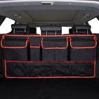 Mandark Car Trunk Organizer, Super Capacity Vehicle Hanging Backseat Cargo Storage Bag with Robust Elastic Net, Detachable Auto Seat Back Organizing Bag, Universal for SUV, Truck, RV（Black/Red）