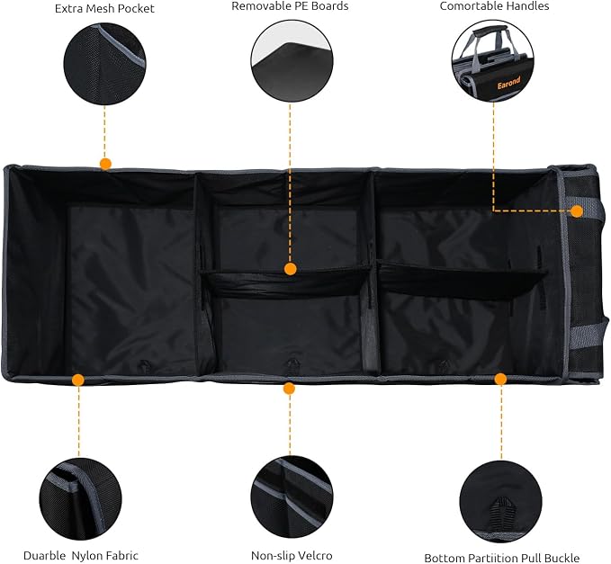 Car Trunk Organizer with Lid,Collapsible Car Storage Organizer with Multi Compartments and Securing Straps for SUV,Sedan,Jeep-Black & Grey