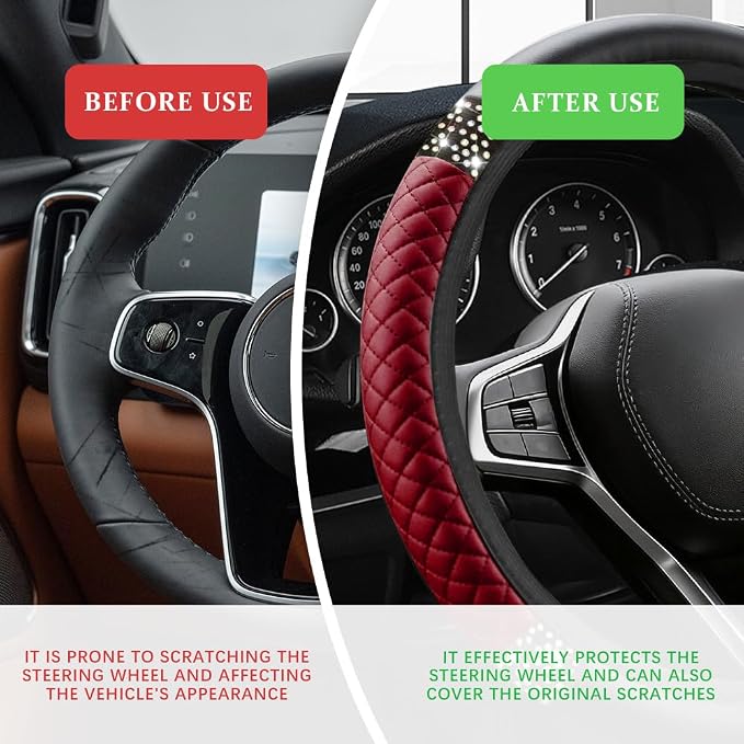 Bling Soft Leather Steering Wheel Cover, Steering Wheel Protector, 15 Inch Rhinestones Car Elastic Protector with Crystal Diamond for Women Girls, Car Accessory for Vehicles (Wine Red)