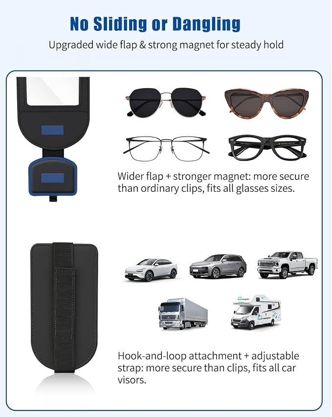 Car Visor Sunglasses Holder, 3 in 1 Glasses Clip with Photo Picture Display & Extra Storage Pocket, Anti-Slip Universal Sun Visor Organizer, 2026 Upgraded (2, Black)
