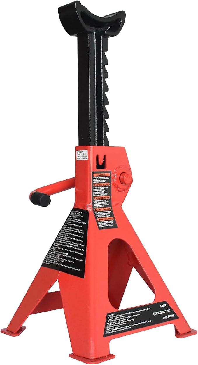 Steel Jack Auto Stands, 3 Ton (2.7 metric Ton) Capacity, Easy to Use, Adjustable Height, 6,000 lb, 1 Pair, Black and Red(For Sedans and Urban SUVs)