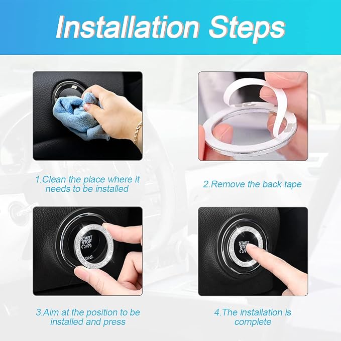 Car Bling Crystal Rhinestone Engine Start Ring Decals, 2 Pack Car Push Start Button Cover/Sticker, Key Ignition Knob Bling Ring, Sparkling Car Interior Accessories for Women (Double Purple)