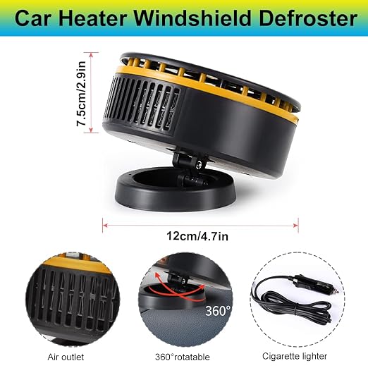 12V Car Heater,Portable Car Heater Defroster Windshield Defogger Automobile Windscreen Heating Plug in Cigarette Lighter 360 Degree Rotary(Orange&Black)