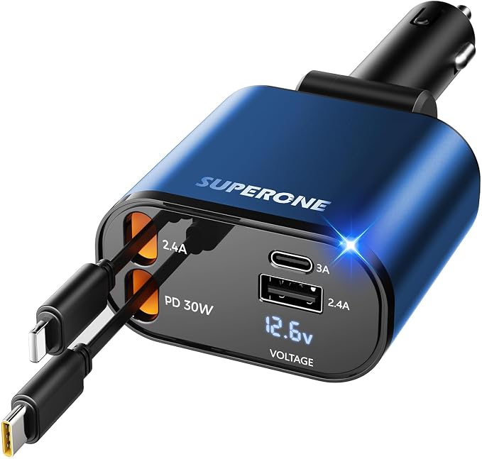 【Upgraded】 Retractable Car Charger 4 in 1, Fast Car Phone Charger with Cord 2.6ft, USB C and Apple Car Charger Adapter, Compatible with iPhone 17/16/15/15 Pro Max/14/13/12/11, Galaxy, Pixel