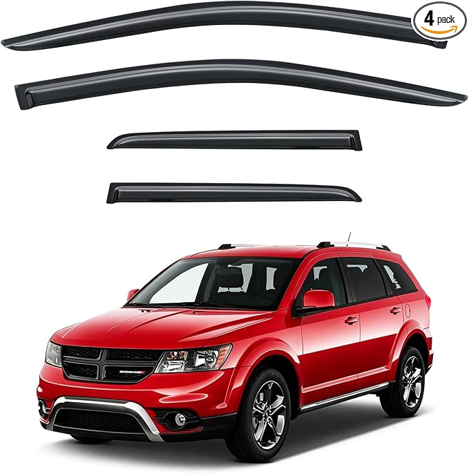 Rain Guards for 2009-2020 Dodge Journey, Out-Channel Window Visor Shields Vent Deflector Shade Wind Dark Smoke 2010 2011 2012 2013 2014 2015 2016 2017 2018 2019, Tape-On Outside-Mount, 4PCS