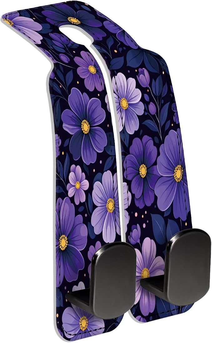 Car Seat Back Storage Hook, Funny Car Purse Hook, Cute Vehicle Storage Organizer for Purses Handbags Purple Flower Pattern